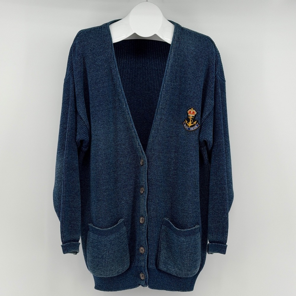 Vintage Ruff Hewn Nautical Crest Cardigan Sweater Mens L Preppy Anchor USA Made